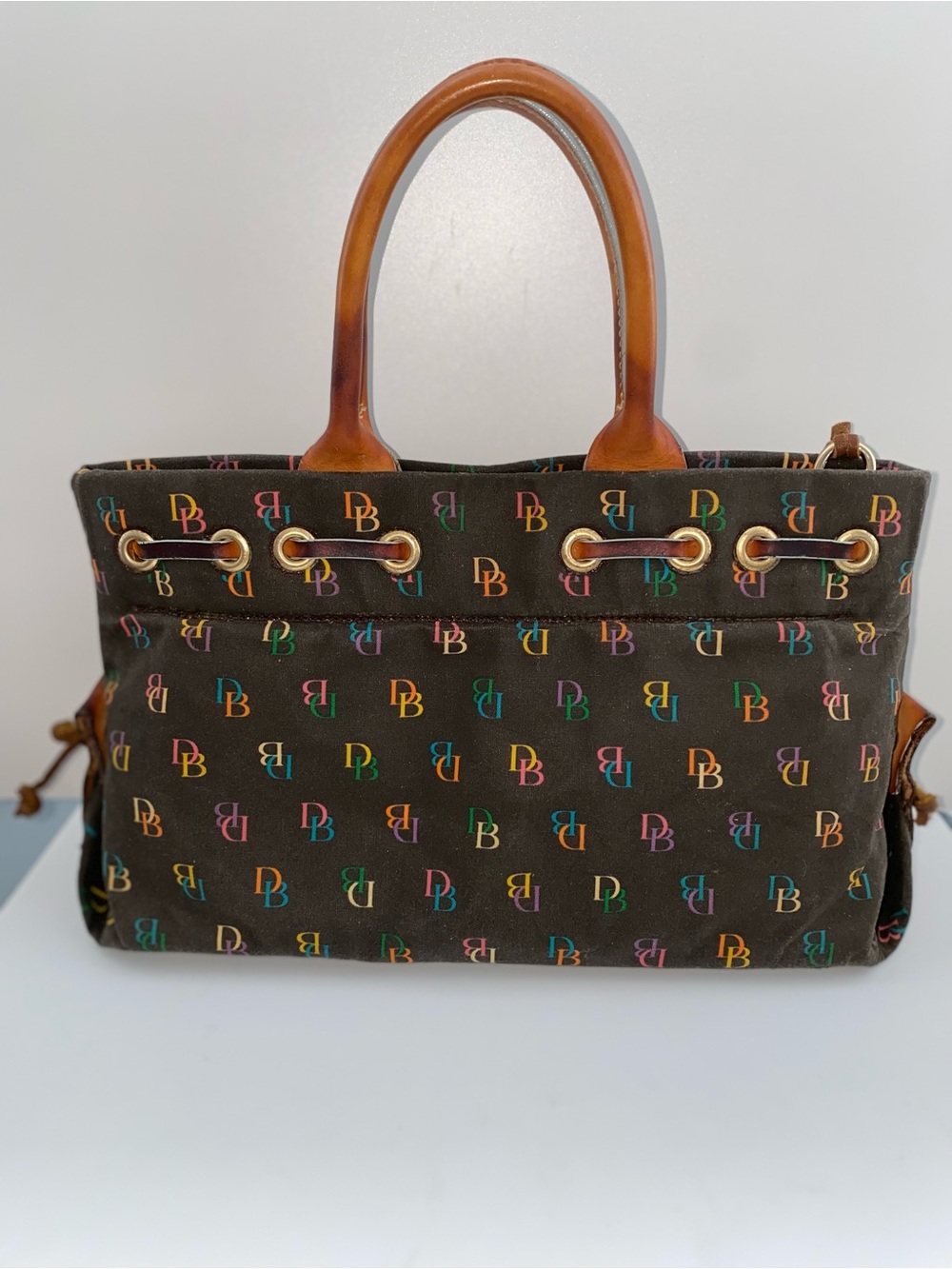 Dooney & Bourke Brown Multicolor Logo Canvas Tote with Leather Handles - Picture 2 of 7